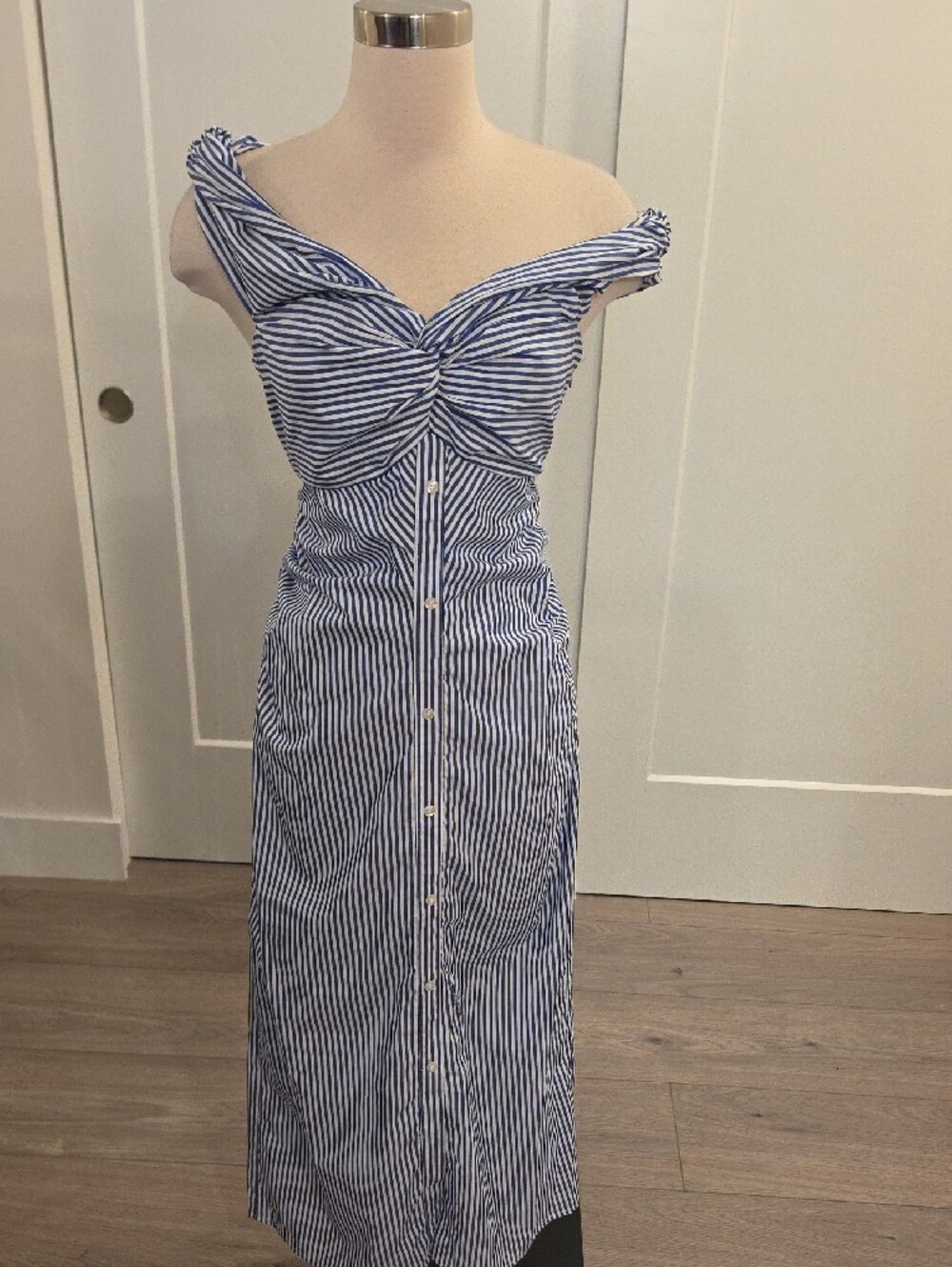 NWOT Blue and White Striped Off-Shoulder Midi Dress